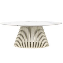 oval dining table with a tapered slatted wooden base finished in a sand blasted white wash and completed with a white Indian marble table top