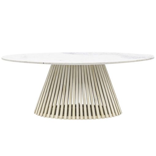 oval dining table with a tapered slatted wooden base finished in a sand blasted white wash and completed with a white Indian marble table top