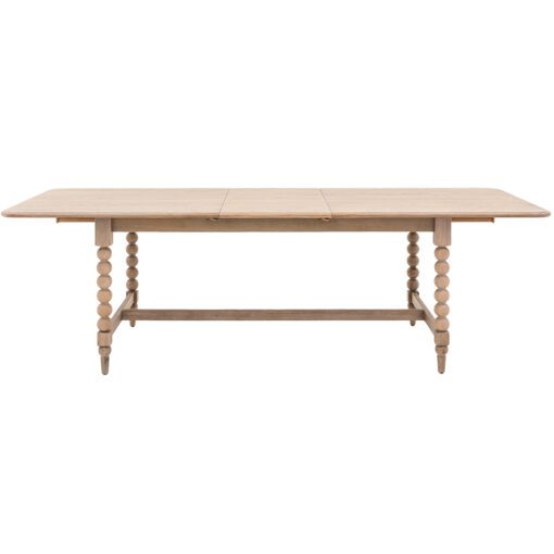 handcrafted extendable oak rectangle dining table seating eight people with decorative bobbin legs