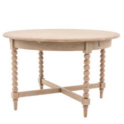 handcrafted extendable oak round dining table seating six people with decorative bobbin legs