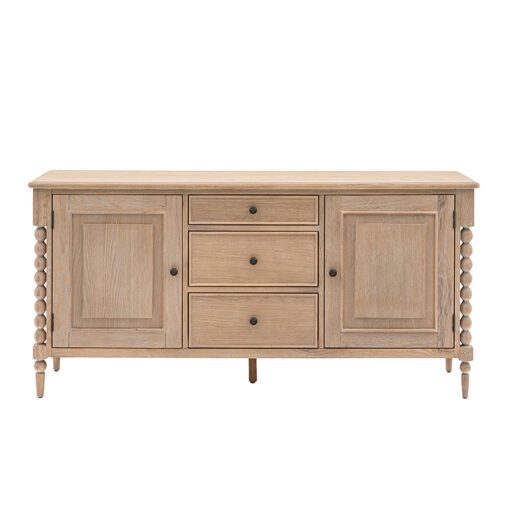 handcrafted oak sideboard with two shelved cupboards and three drawers, bobbin turned legs and a lime wash finish
