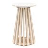 round side table with a tapered slatted wooden base finished in a sand blasted white wash and completed with a white Indian marble table top