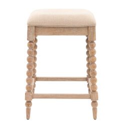 handcrafted square oak counter stool with bobbin turned legs and a natural upholstered seat pad