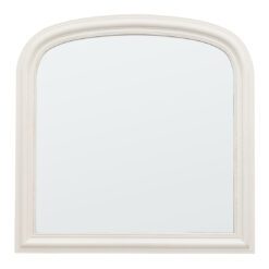 large wooden overmantle wall mirror with an arched top, delicate beaded frame and stone white painted finish