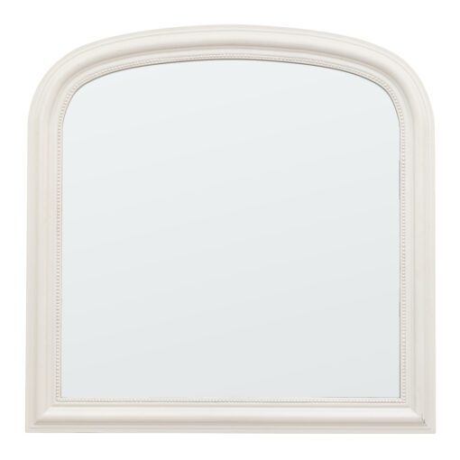large wooden overmantle wall mirror with an arched top, delicate beaded frame and stone white painted finish