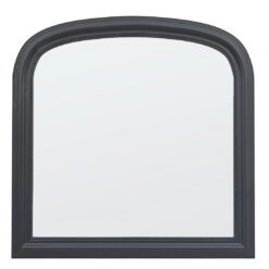 large wooden overmantle wall mirror with arched top, beaded frame and dark charcoal painted finish