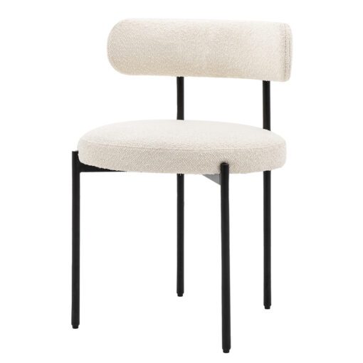 set of two contemporary round dining chairs upholstered in a textured cream fabric with a curved back and black metal frame