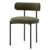 set of two contemporary round dining chairs upholstered in a textured forest green fabric with a curved back and black metal frame