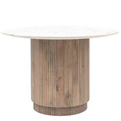 round dining table with a ribbed, drum shaped, base crafted from mango wood and topped with Indian white marble