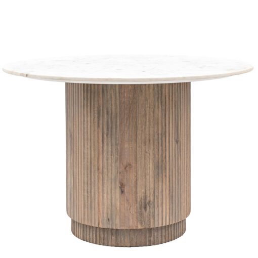 round dining table with a ribbed, drum shaped, base crafted from mango wood and topped with Indian white marble