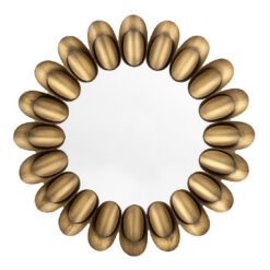 decorative round metal mirror with large curved petal layers framing a central round mirror finished in an antique bronze