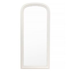 full length wooden mirror with a stone white painted finish, arched top and beaded detailing