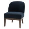 small oak framed occasional chair with a curved back upholstered in a cosy textured deep blue fabric