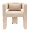 contemporary natural curved armchair with bolster cushion upholstered in a warm natural textured fabric