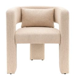 contemporary natural curved armchair with bolster cushion upholstered in a warm natural textured fabric
