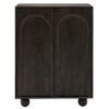two door wood cubpoard with relief arch design, large ball feet and dark walnut stained finish