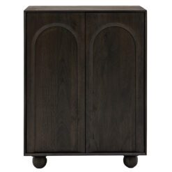 two door wood cubpoard with relief arch design, large ball feet and dark walnut stained finish