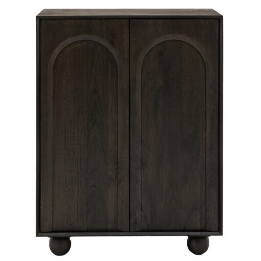 two door wood cubpoard with relief arch design, large ball feet and dark walnut stained finish