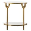 round side table with a brushed brass metal base with contrasting white Indian marble top and lower shelf