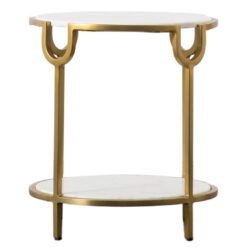 round side table with a brushed brass metal base with contrasting white Indian marble top and lower shelf