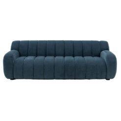 large three-seater retro-inspired contemporary blue sofa with a curved design and wide ribbing