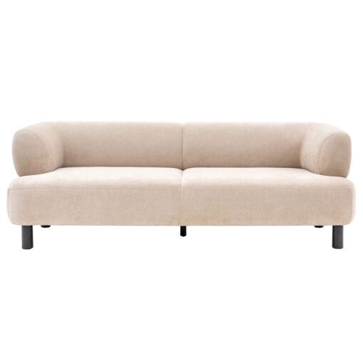 large contemporary cream three-seater sofa with dark wood legs
