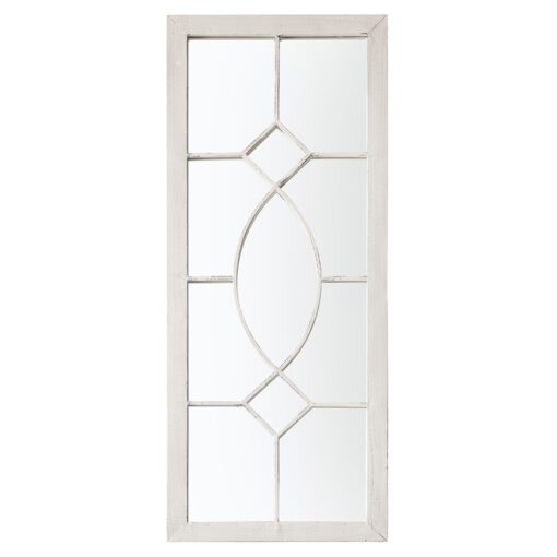 cream rectangular slim outdoor garden mirror with decorative window pane design