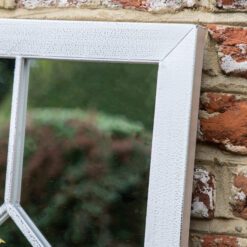 cream rectangular slim outdoor garden mirror with decorative window pane design