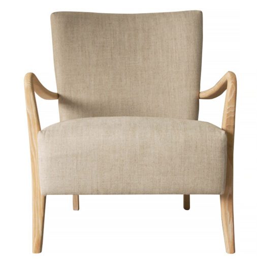 oak framed occasional armchair with curved arms, upholstered in a natural linen