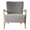 oak framed occasional armchair with curved arms, upholstered in a grey linen