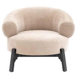 cream tub armchair with curved wrap aound back and contrasting dark wooden frame and legs