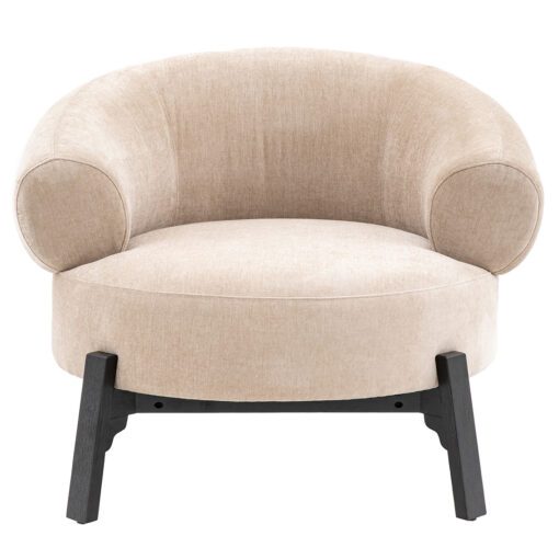 cream tub armchair with curved wrap aound back and contrasting dark wooden frame and legs