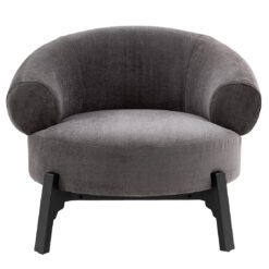 stone grey tub armchair with curved wrap aound back and contrasting dark wooden frame and legs