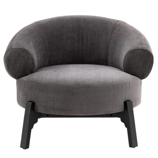 stone grey tub armchair with curved wrap aound back and contrasting dark wooden frame and legs