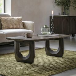 retro inspired rectangular wooden coffee table with curved edges and chunky U shaped legs