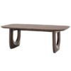 retro inspired rectangular wooden coffee table with curved edges and chunky U shaped legs