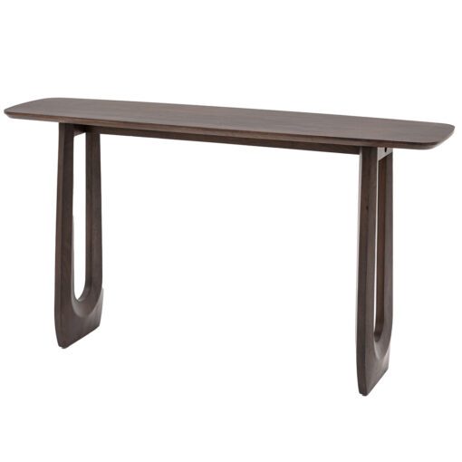 retro inspired rectangular wooden console table with curved edges and U shaped legs