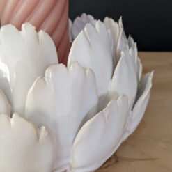 large ceramic white candle holder with layers of delicate flowers edging to fit a large pillar or multi wick candle
