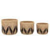 set of three natural round storage baskets handcrafted from rope with a contrasting black zig zag design