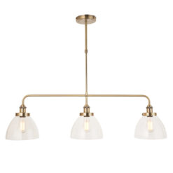 industrial style antique brass linear light with three glass domed hanging pendants