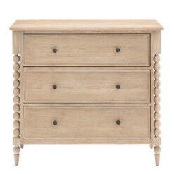 oak three drawer chest with elegant bobbin corner detailing, a subtle lime wash and small round knobs
