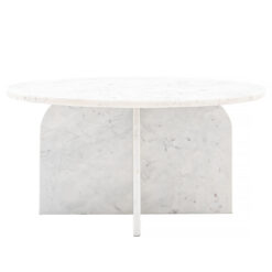 handcrafted modern round white solid marble coffee table showcasing individual veining and a sleek arched base