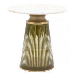 round side table with a fluted glass pedestal base finish in olive green with brass accents and complete with a round white marble tabletop with subtle veining