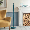 stick metal floor lamp base with bobbin detailing finished in a deep teal blue and matching fabric cord