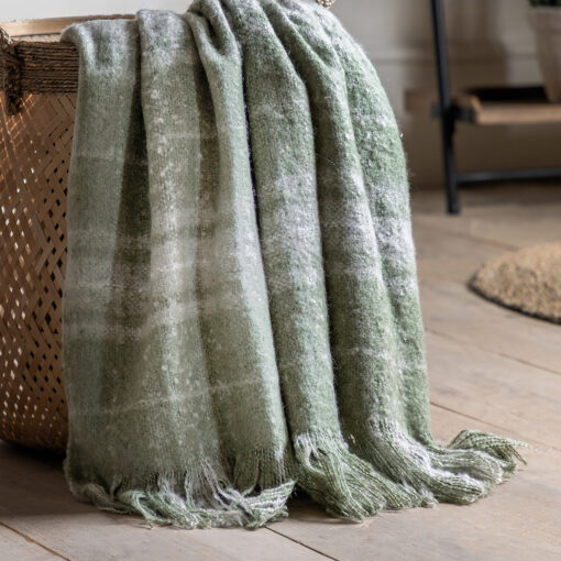faux mohair checked olive green throw with fringing detailing