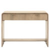 two drawer mango wood console table with a curved silhouette, fluted drawer fronts with brass handles and lower shelf