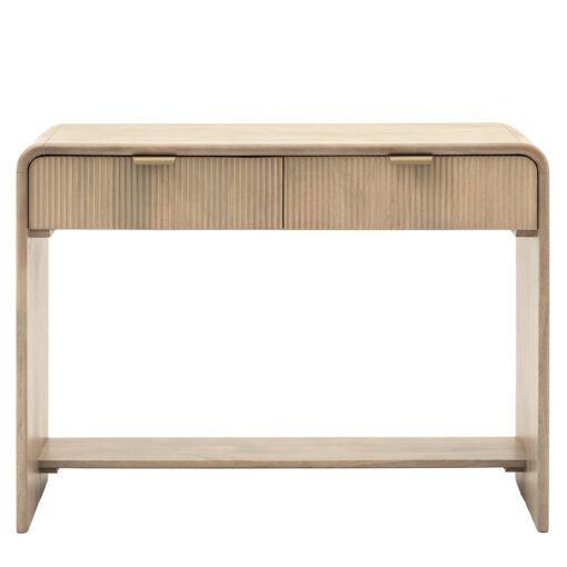 two drawer mango wood console table with a curved silhouette, fluted drawer fronts with brass handles and lower shelf