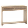 two drawer mango wood console table with a curved silhouette, fluted drawer fronts with brass handles and lower shelf