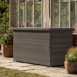 large outdoor PE wicker rattan style storage box finished in a slate grey