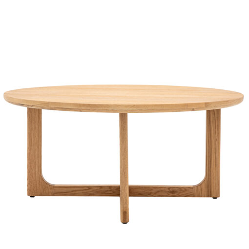 round oak coffee table with sculpted underframe